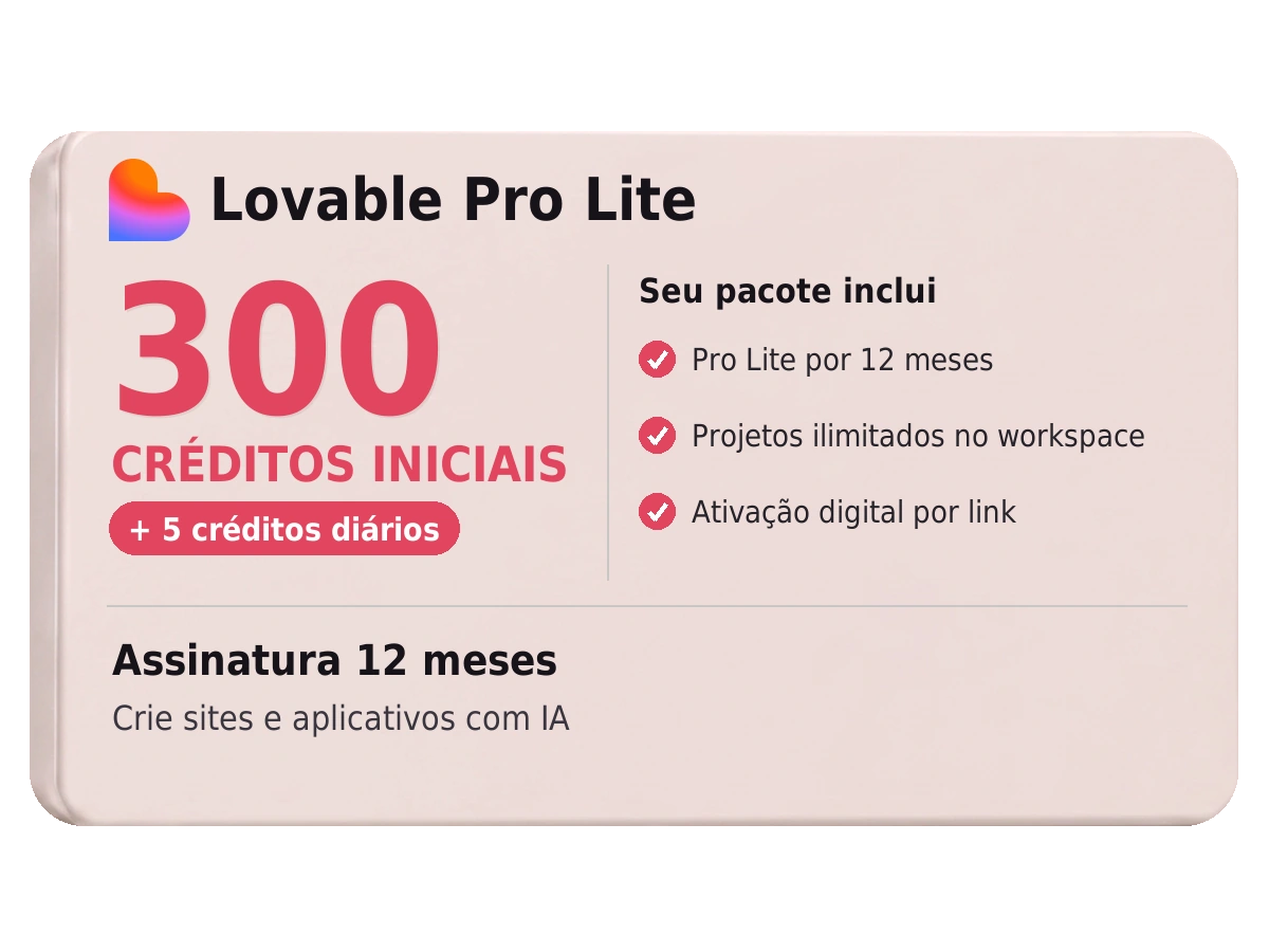 Lovable Pro Lite – Assinatura 1 Ano | 300 Créditos Iniciais + 5 Diários — 1 ano de acesso