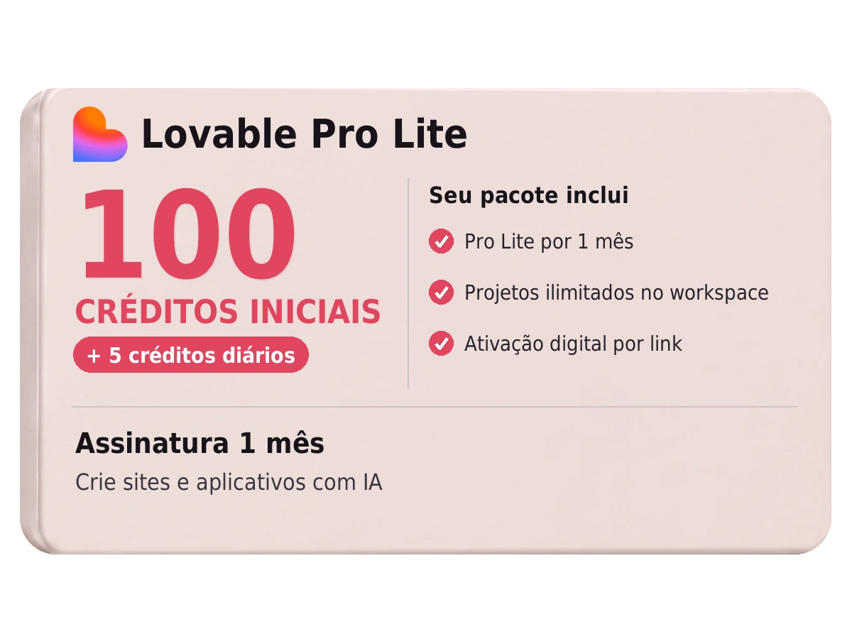 Lovable Pro Lite – Assinatura 1 Mês | 100 Créditos Iniciais + 5 Diários — 1 mês de acesso